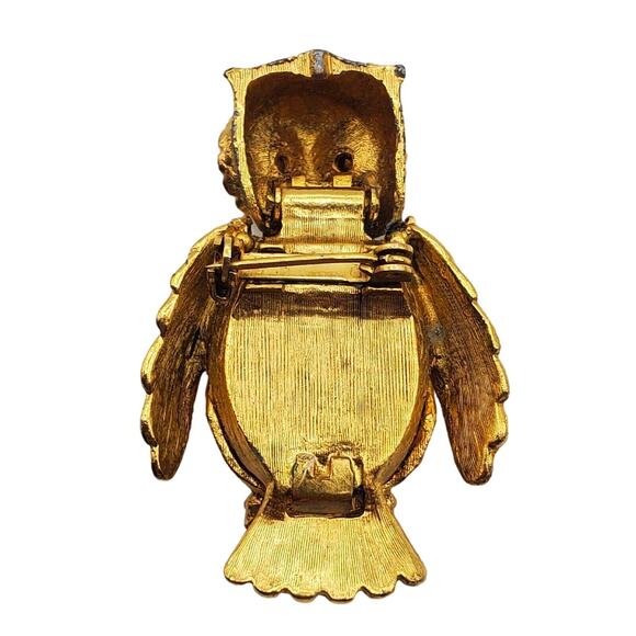 Gold Tone Owl Solid Perfume Pin Vonda Bird Brooch Red Eyes Vtg Nature Inspired - Picture 5 of 5